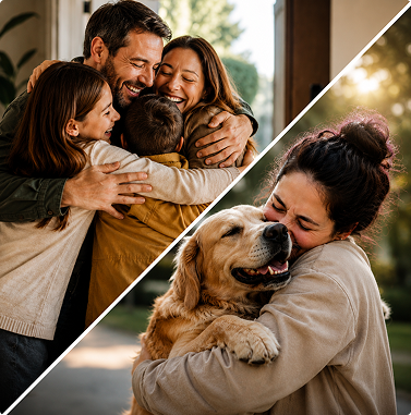 A imagem mostra uma família se abraçando do lado esquerdo, enquanto do lado direito uma mulher abraça um cachorro