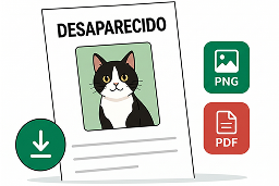 Um cartaz de um gato desaparecido, com os símbolos de baixar arquivo, png e pdf ao lado