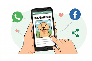 Duas mãos segurando um celular, com um conteúdo mostrando um cachorro desaparecido e símbolos ao redor do WhatsApp e Facebook