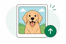 Uma foto de um cachorro, com um símbolo de enviar arquivo ao lado