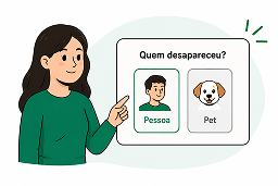 Mulher apontando para uma interface com duas escolhas que mostra uma pessoa e um pet